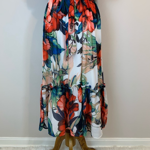 Floral puff sleeves waist tie ruffled midi dress L - Picture 7 of 16